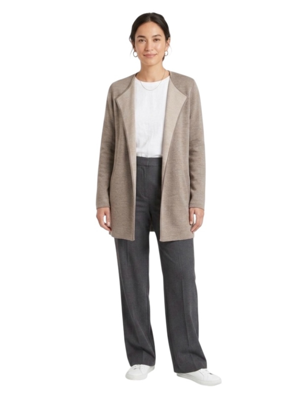 Talbots Merino Wool Open Front Cardigan Jacket Sz L Brown Modest Quiet Luxury